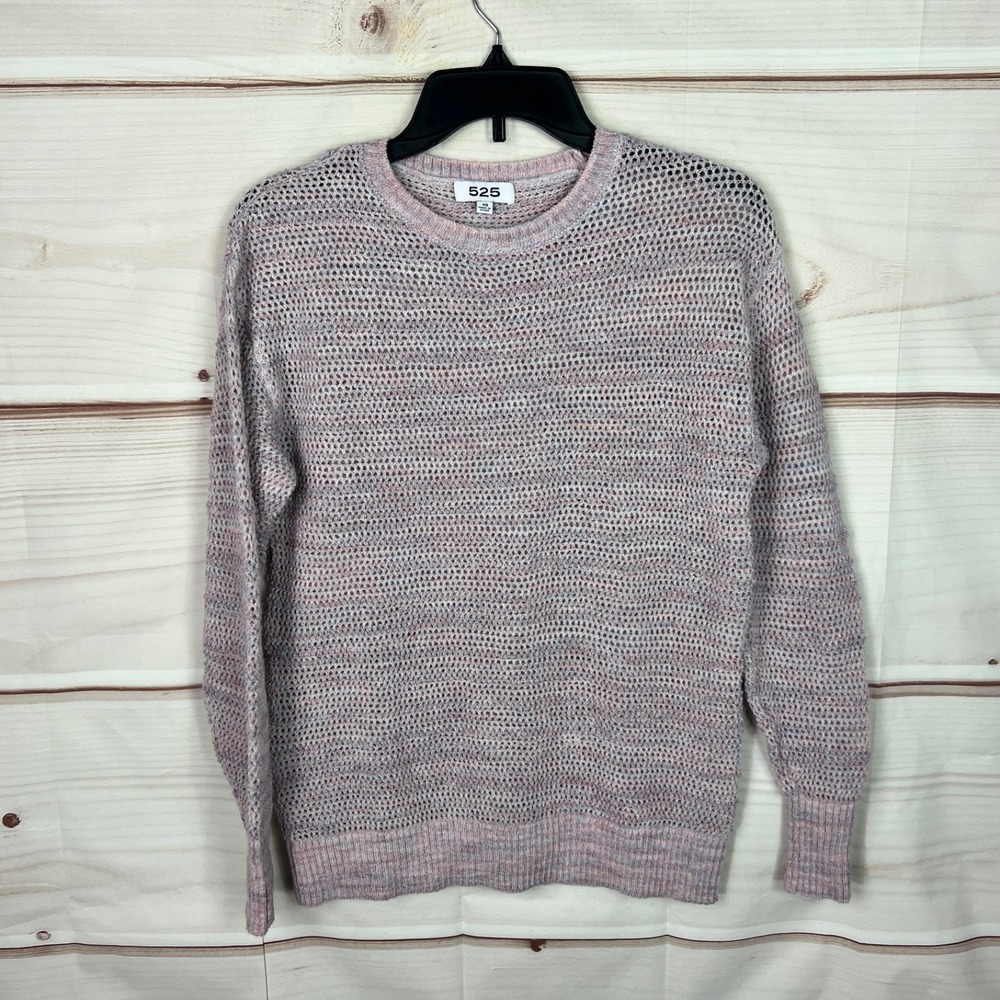 535 America Sweater Womens XS Pink Open Knit Pullover Long Sleeve Crew Neck